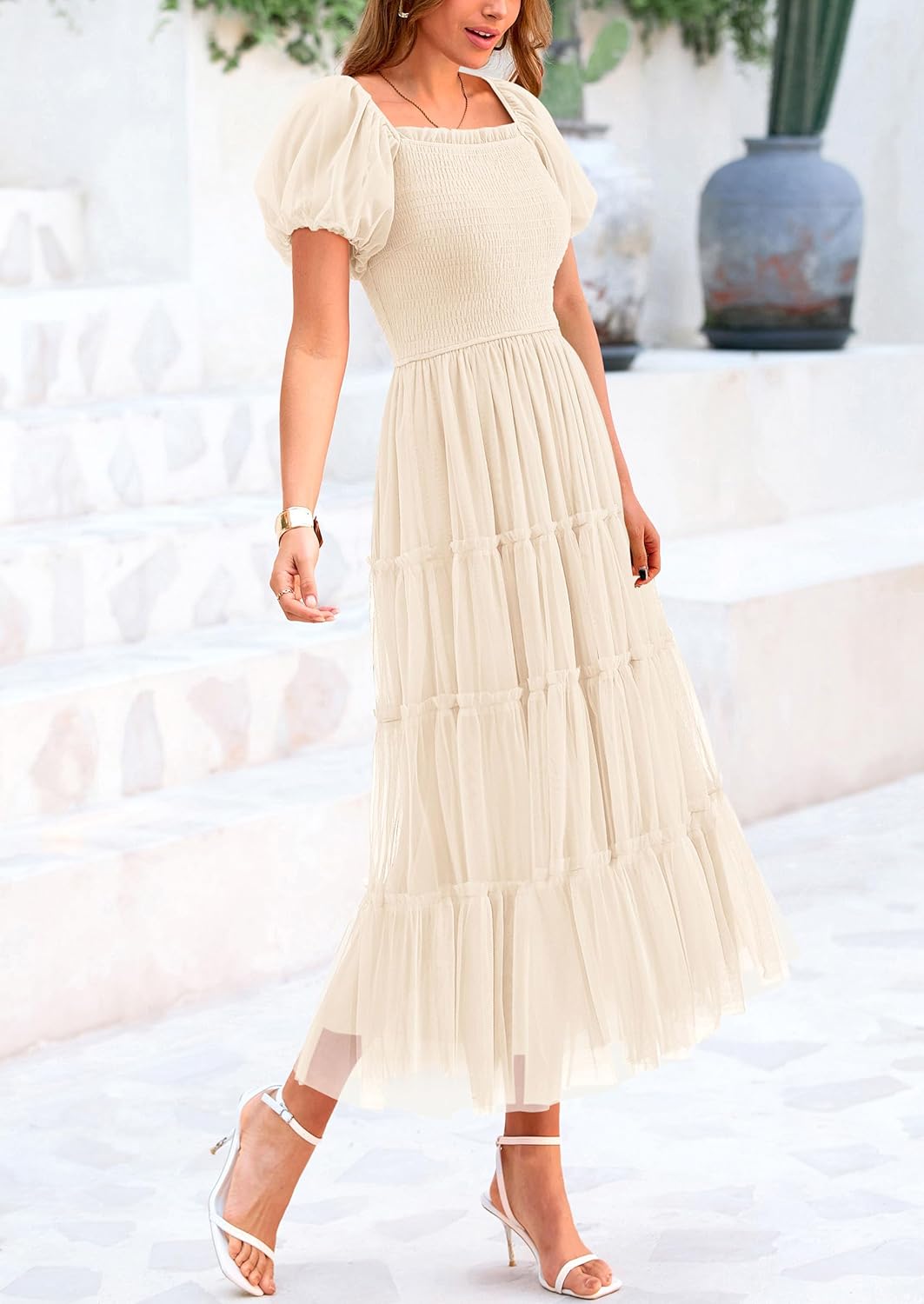 Women's Smocked Midi Tulle Dress 2025 Summer Puffy Short Sleeve Square Neck Ruffle Wedding Guest Party Dresses