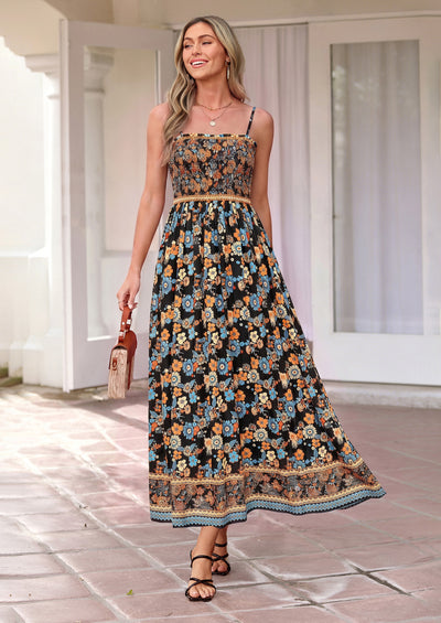 PRETTYGARDEN Womens Floral Maxi Dress Boho Casual Summer Spaghetti Strap Smocked Sleeveless Flowy Beach Vacation Dresses