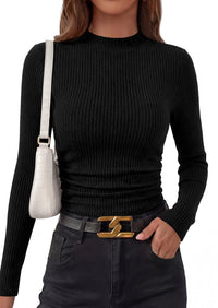 PRETTYGARDEN Womens Tops Fall Long Sleeve Going Out Shirts Ribbed Knit Mock Neck T-Shirt Fitted Ruched Y2K Crop Top