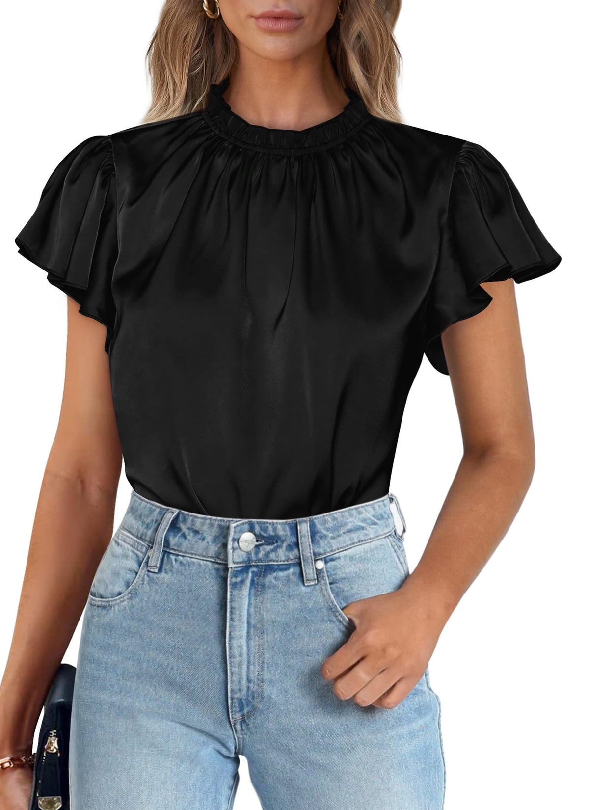 Summer Satin Blouse Shirt Dressy Casual Ruffle Short Sleeve Crewneck Work Party Tops