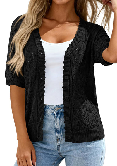 PRETTYGARDEN Short Sleeve Crochet Knit Summer Cardigans for Women Lightweight Button Down Hollow Out Sweater Beach Cover Up PRETTYGARDEN