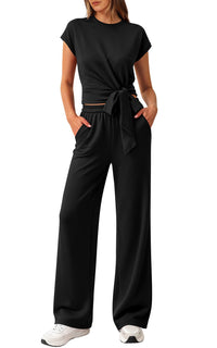 PRETTYGARDEN 2 Piece Matching Lounge Sets For Women Summer Short Sleeve Tie Front Crop Tops Casual Wide Leg Pants Tracksuit PRETTYGARDEN