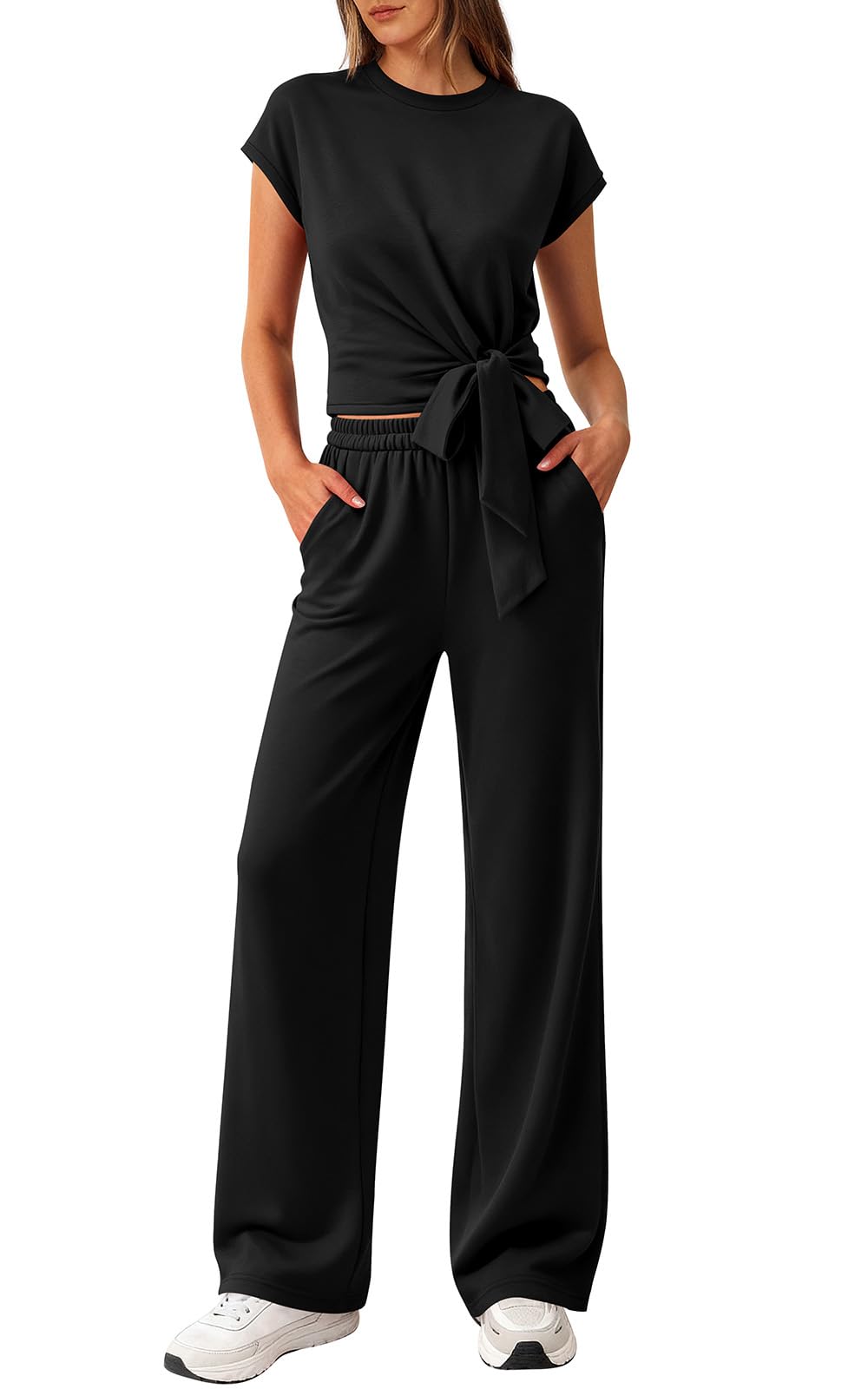 PRETTYGARDEN 2 Piece Matching Lounge Sets For Women Summer Short Sleeve Tie Front Crop Tops Casual Wide Leg Pants Tracksuit PRETTYGARDEN