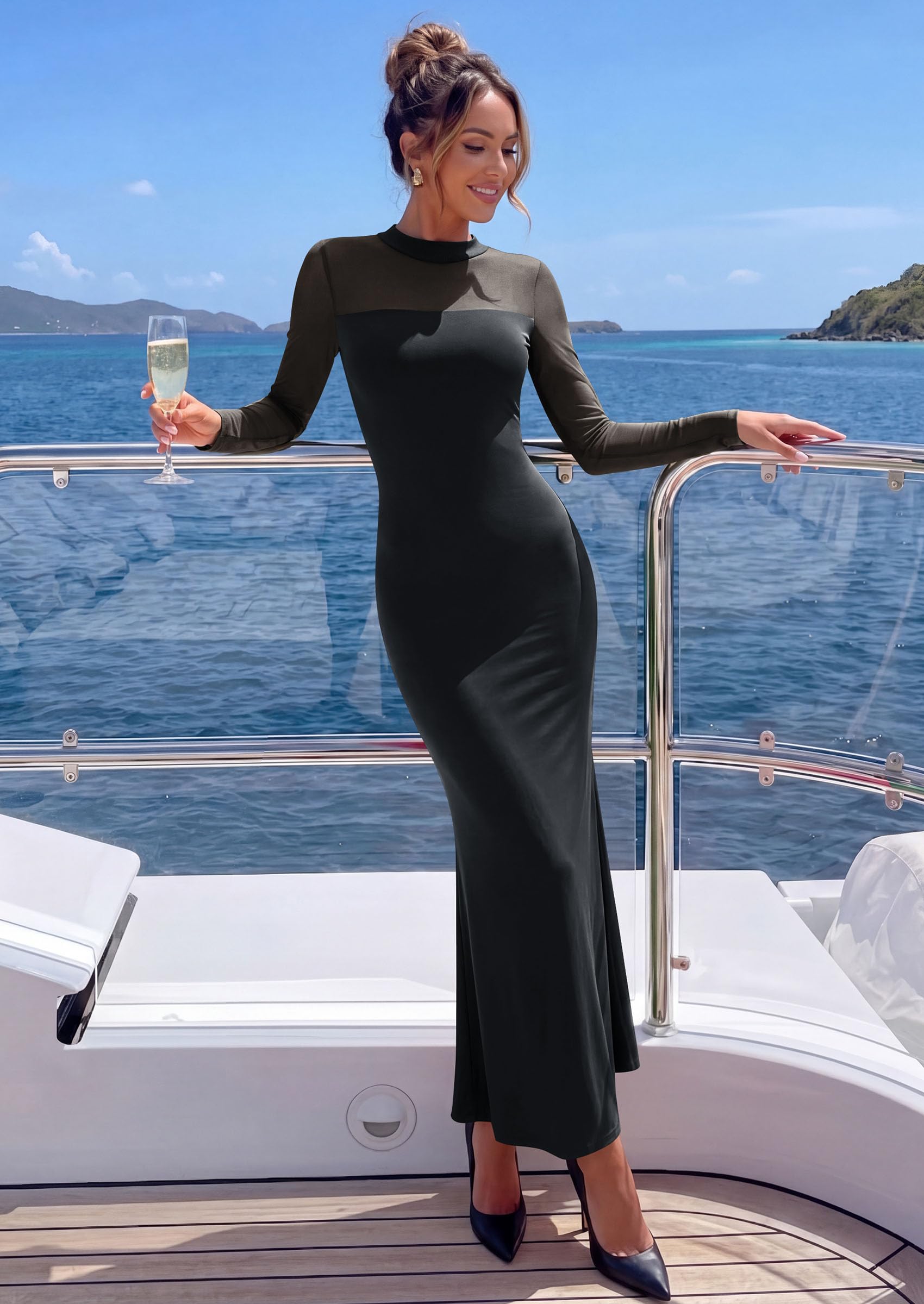 PRETTYGARDEN Women's Formal Mesh Sheer Long Sleeve Maxi Dress | Slimming Mermaid Bodycon Long Dresses, Sexy Elegant Wedding Guest Cocktail Holiday Party Dress, Fall Date Night Outfits
