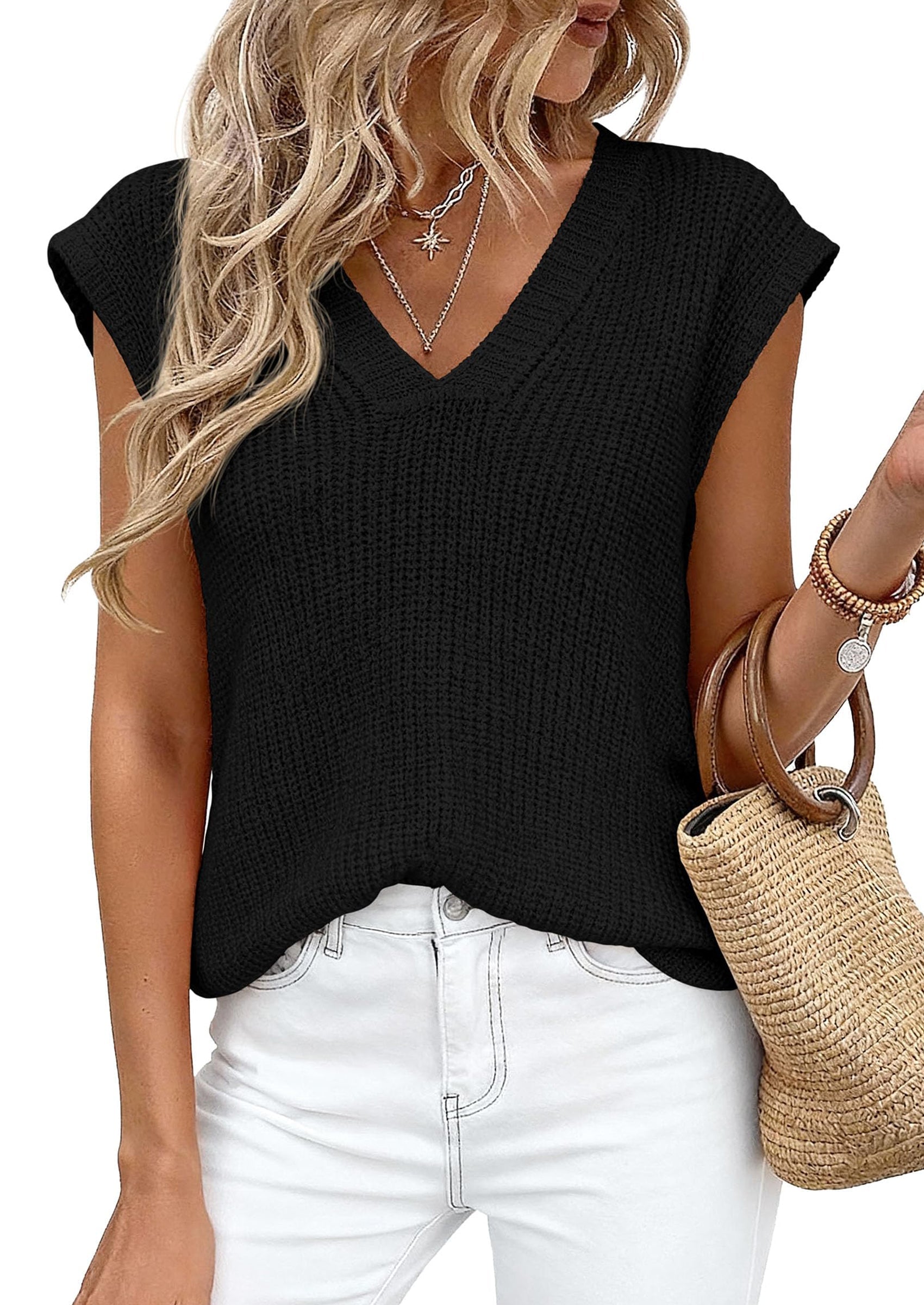 PRETTYGARDEN Women's Lightweight Sweaters Vest Spring Trendy Cap Sleeve V Neck Knit Tank Tops Summer Going Out Outfits PRETTYGARDEN