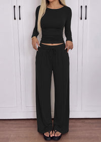 PRETTYGARDEN Women's Matching Lounge Sets 2 Piece Outfits  Boat Neck Long Sleeve , Wide Leg Pants Pockets, Ruched Waist, Travel Airport Resort Wear, Casual Fall Fashion Clothing