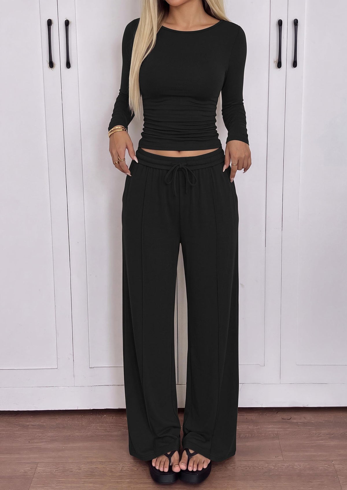 PRETTYGARDEN Women's Matching Lounge Sets 2 Piece Outfits  Boat Neck Long Sleeve , Wide Leg Pants Pockets, Ruched Waist, Travel Airport Resort Wear, Casual Fall Fashion Clothing