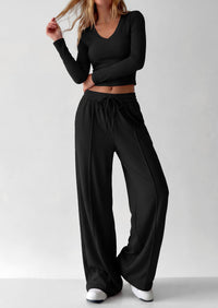 PRETTYGARDEN Women's 2 Piece Lounge Sets Matching Clothing  | V Neck Long Sleeve , Wide Leg Pants Pockets, Airport Travel Outfits, Soft Ribbed Knit, Drawstring Waist, Fall Resort Wear