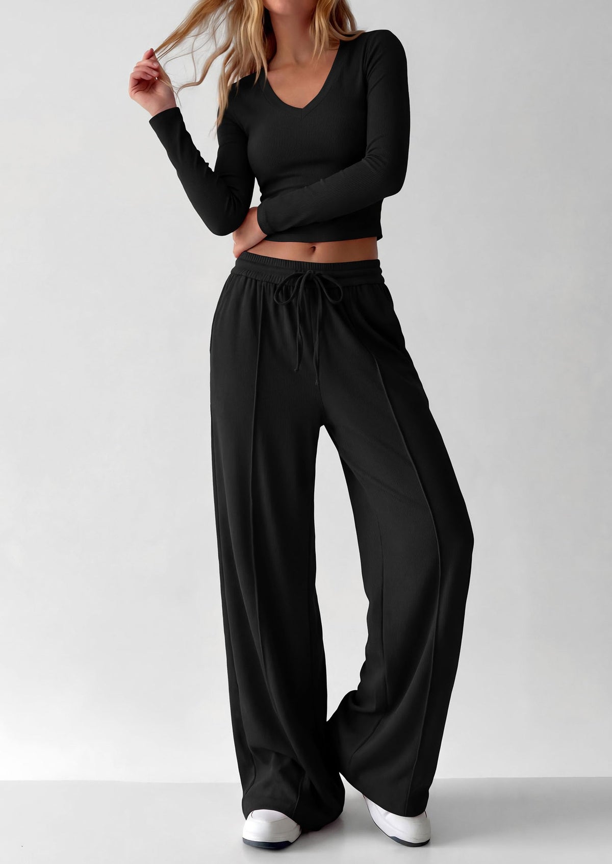 PRETTYGARDEN Women's 2 Piece Lounge Sets Matching Clothing  | V Neck Long Sleeve , Wide Leg Pants Pockets, Airport Travel Outfits, Soft Ribbed Knit, Drawstring Waist, Fall Resort Wear