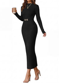 PRETTYGARDEN Women's Long Sleeve Bodycon Maxi Sweater Dress | Stretchy Rib Knit,Metal Buckle Waist,Back Slit,Work Cocktail Holiday Party Outfits,Fall Winter Winter Wedding Guest Dresses