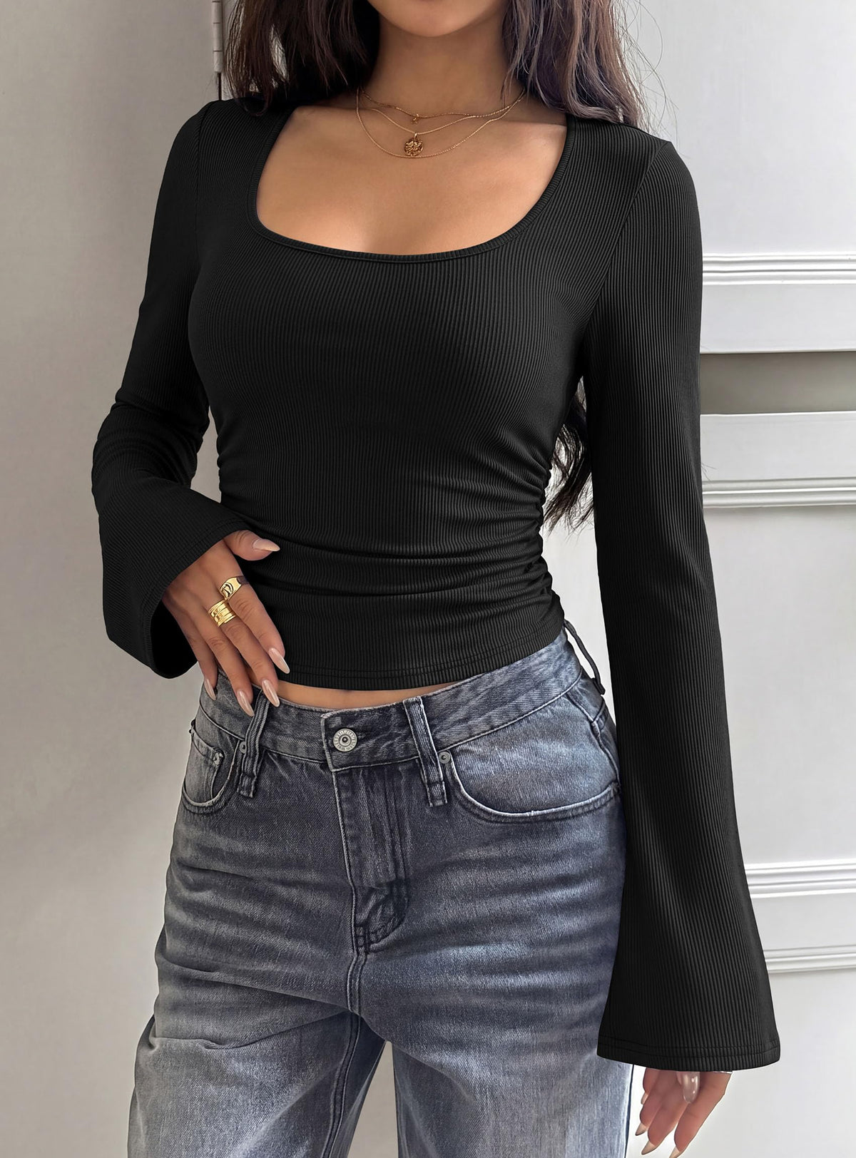 PRETTYGARDEN Womens Long Bell Sleeve Going Out Tops Fall Fashion 2026 Square Neck Ruched Ribbed Shirts Winter Y2K Clothes