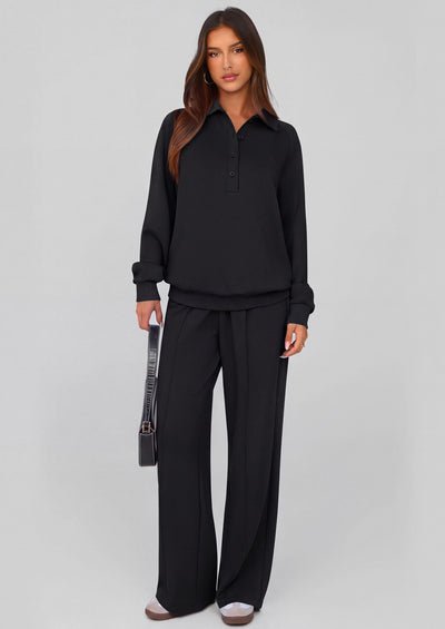 PRETTYGARDEN Women Fall 2 Piece Outfits Sweatsuits Quarter Button Long Sleeve Sweatshirt Wide Leg Pants Tracksuit Lounge Sets