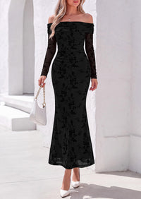 PRETTYGARDEN Womens Off Shoulder Floral Maxi Wedding Guest Dress  Mesh Slim Fit,Elegant Bodycon,Formal Party Cocktail Dress,Bridal Shower Baby Shower,Date Night Outfits,Vacation Long Dresses