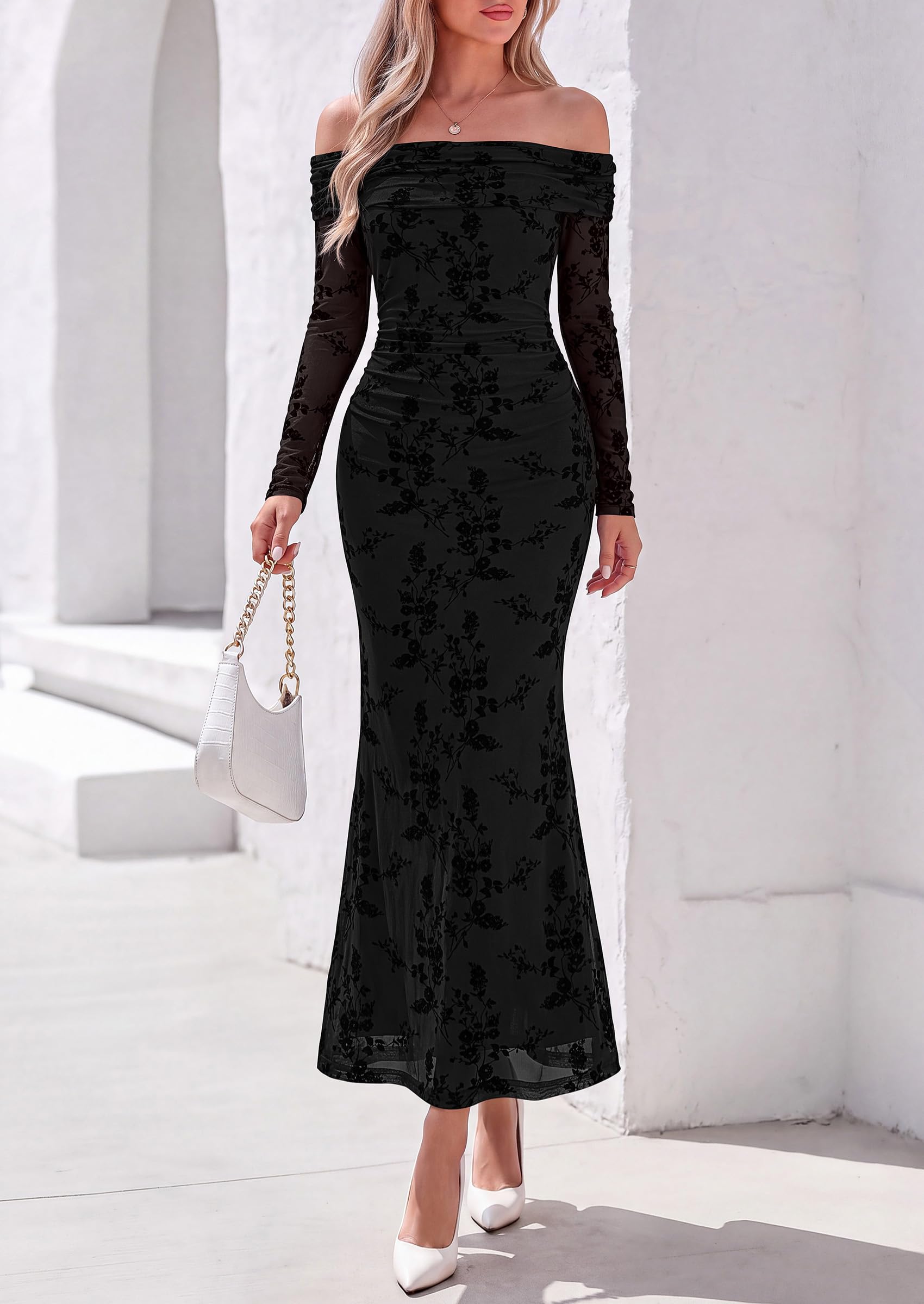 PRETTYGARDEN Womens Off Shoulder Floral Maxi Wedding Guest Dress  Mesh Slim Fit,Elegant Bodycon,Formal Party Cocktail Dress,Bridal Shower Baby Shower,Date Night Outfits,Vacation Long Dresses