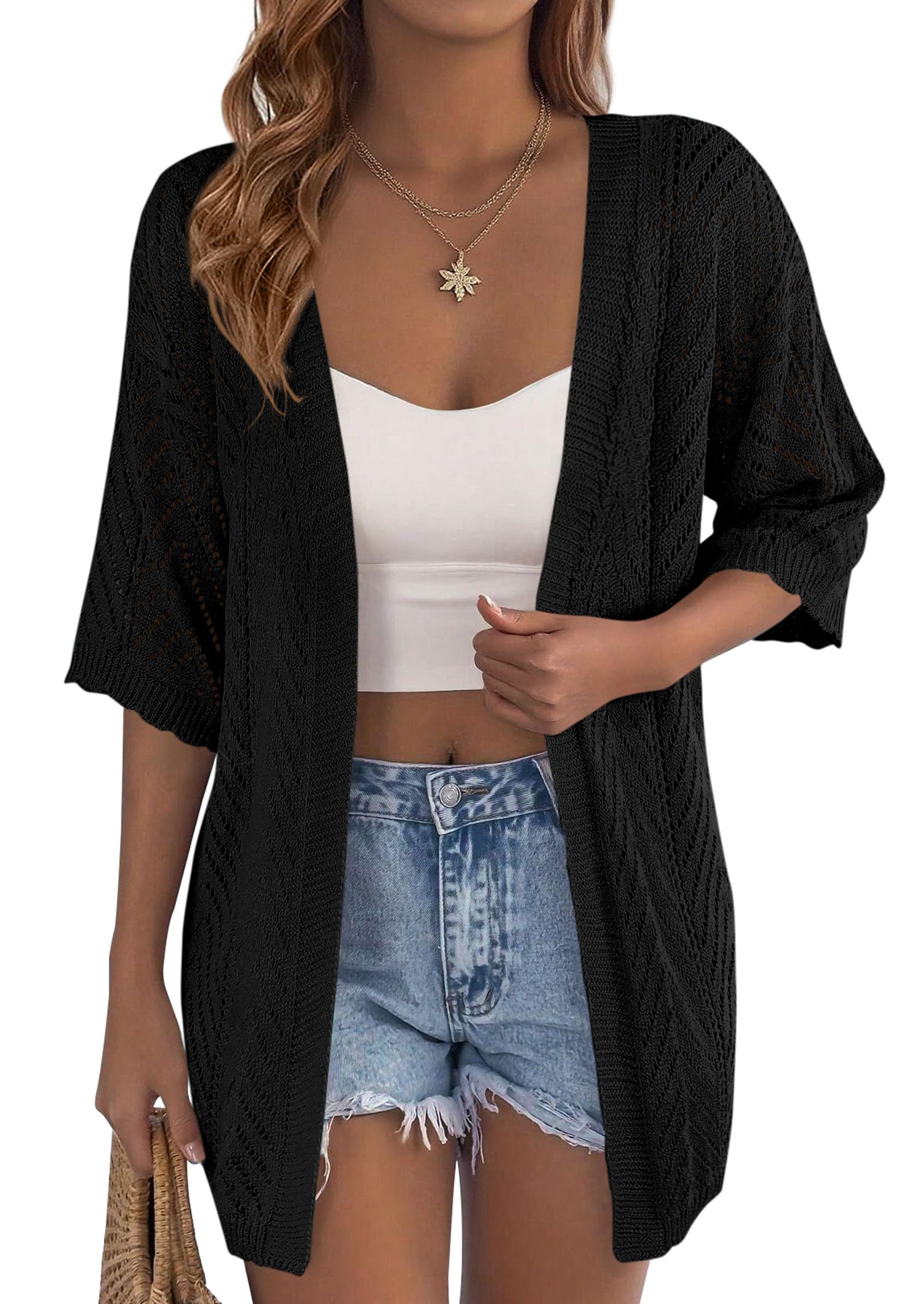 PRETTYGARDEN Summer Cardigan Sweaters for Women Lightweight  Short Sleeve Knit Coverup Spring Beach Vacation Clothes PRETTYGARDEN