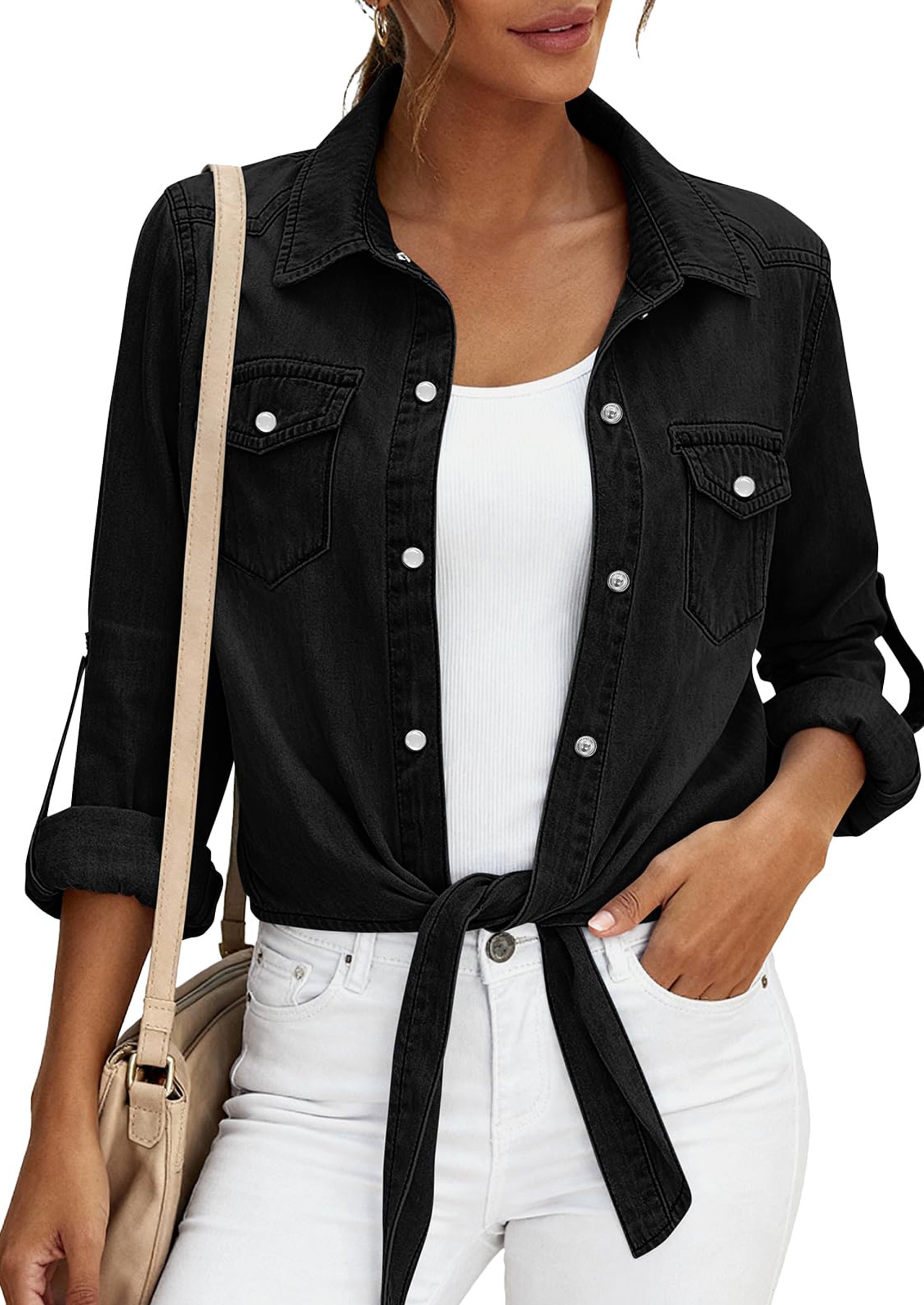 PRETTYGARDEN Womens Denim Shirts Collared Long Sleeve Button Down Shirt Women Tie Front Cardigans Summer Crop Tops Blouses
