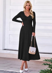 PRETTYGARDEN Women's Fall V Neck Pleated Midi Sweater Dress  Stretchy Ribbed Knit,Long Sleeve,A Line Flowy Skirt,Elegant Long Dresses for Wedding Guest,Work Office,Winter Party Outfits