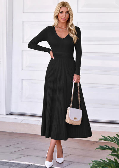 PRETTYGARDEN Women's Fall V Neck Pleated Midi Sweater Dress  Stretchy Ribbed Knit,Long Sleeve,A Line Flowy Skirt,Elegant Long Dresses for Wedding Guest,Work Office,Winter Party Outfits