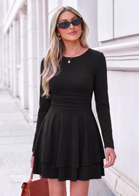 PRETTYGARDEN Womens Fit and Flare Crewneck Long Sleeve Mini Dress | Ruched Waist,Tiered Ruffle Hem,Flowy Short Sundress,Party Cocktail Homecoming Dresses,Date Night Semi Formal Cruise Outfits