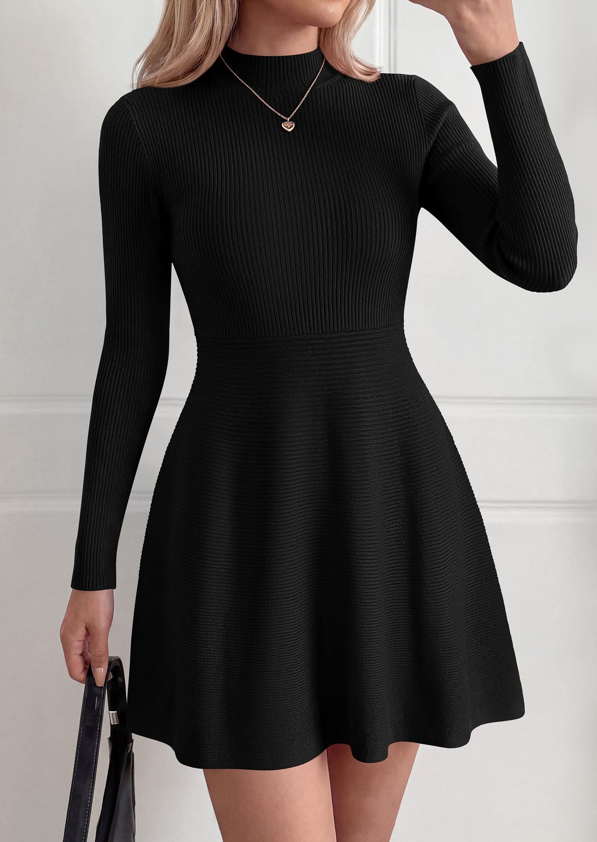 PRETTYGARDEN Womens Mock Neck Long Sleeve Sweater Mini Dress | Soft Ribbed Knit Flared A‑Line, Elegant Fall Winter Dresses for Wedding Guest, Cocktail & Holiday Party Casual Outfits