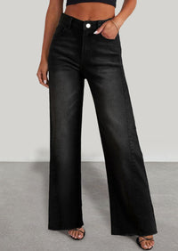 PRETTYGARDEN Wide Leg Jeans for Women Trendy High Waisted Stretchy Baggy Raw Hem Denim Palazzo Pants with Pockets