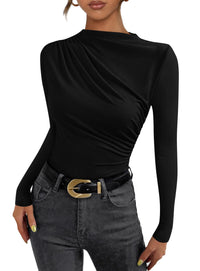 Womens Y2K Going Out Crop Tops Long Sleeve Mock Neck Ruched Slim Fitted Basic Trendy Casual Blouse