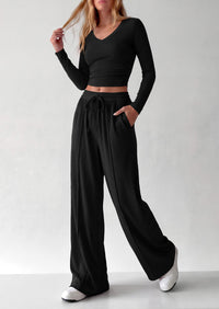 PRETTYGARDEN Women's 2 Piece Lounge Sets Matching Clothing  | V Neck Long Sleeve , Wide Leg Pants Pockets, Airport Travel Outfits, Soft Ribbed Knit, Drawstring Waist, Fall Resort Wear