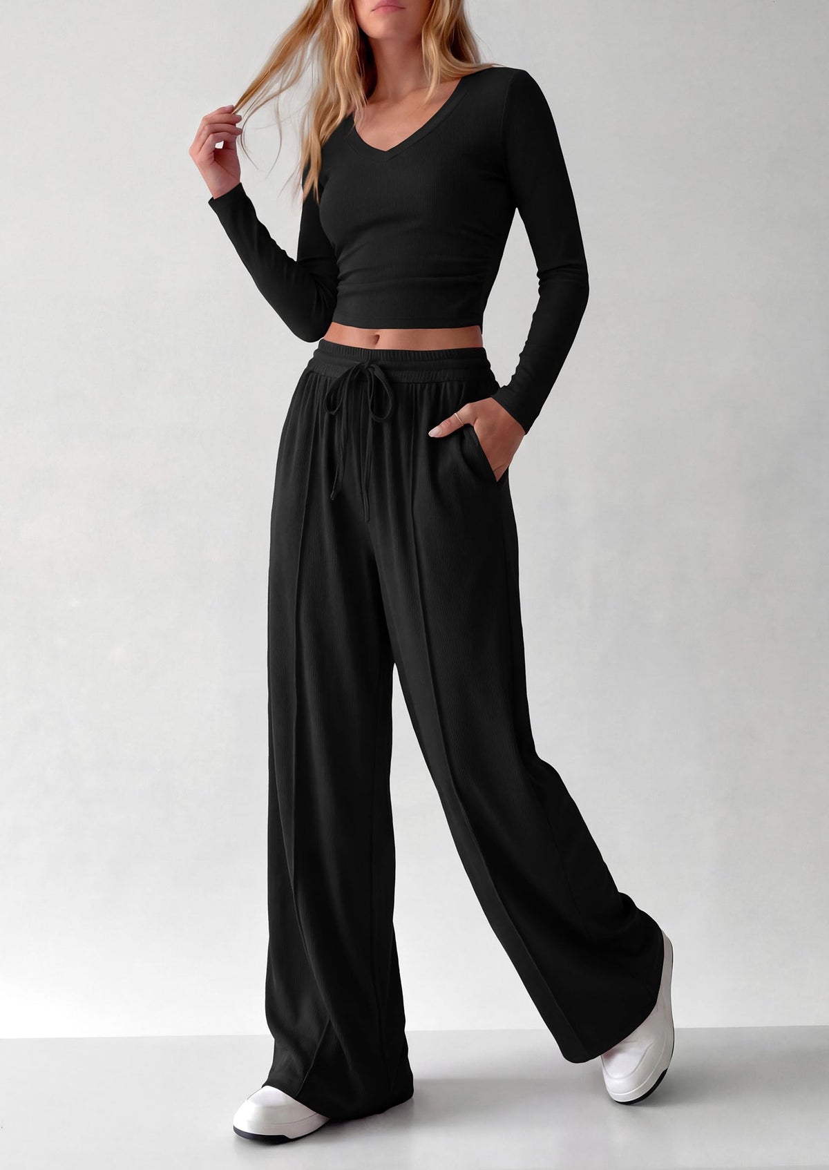 PRETTYGARDEN Women's 2 Piece Lounge Sets Matching Clothing  | V Neck Long Sleeve , Wide Leg Pants Pockets, Airport Travel Outfits, Soft Ribbed Knit, Drawstring Waist, Fall Resort Wear