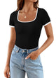 Summer Casual Short Sleeve Ribbed Knit Square Neck Color Block Slim Fit Basic Crop Tops