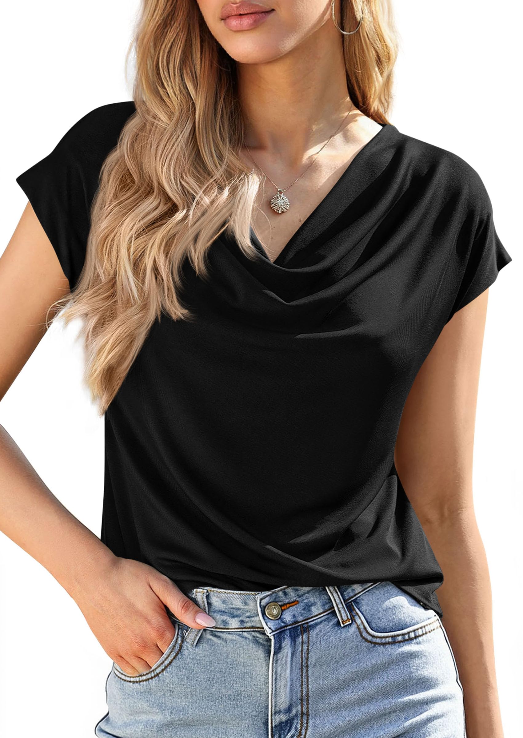 PRETTYGARDEN Blouses for Women Dressy Casual 2026 Summer Cowl Neck Short Sleeve Tops Spring Work Office Teacher Shirts PRETTYGARDEN