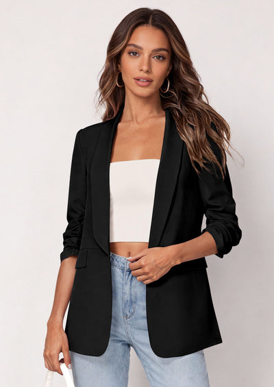 PRETTYGARDEN Women's Spring Blazers Business Casual Outfits Open Front Ruched 3/4 Sleeve Lightweight Work Suits Jackets PRETTYGARDEN