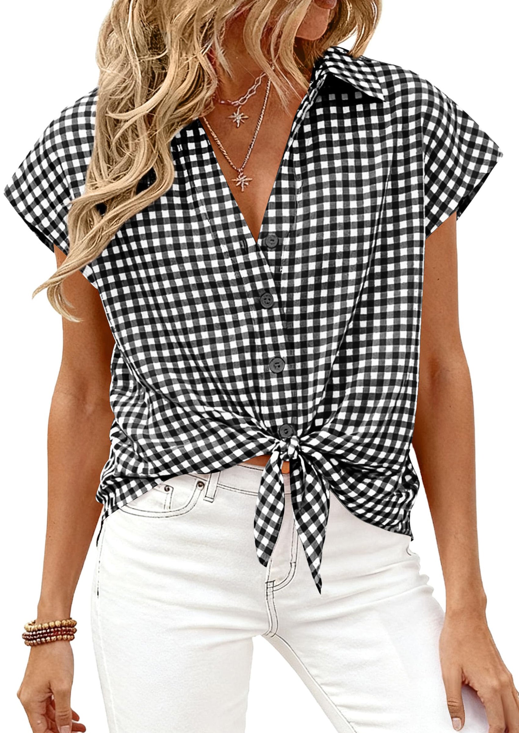 PRETTYGARDEN Womens Button Dwon Shirts V Neck Short Cap Sleeve Collared Plaid Tops Summer Spring Casual Blouses Clothes PRETTYGARDEN