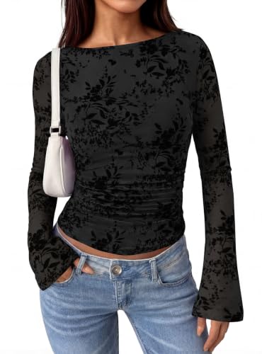 PRETTYGARDEN Women's Bell Sleeve Floral Mesh Crop Tops | Slim Fitted Shirts, Long Sleeve Going Out Top, Ruched Front, Boat Neck, Casual Blouses, Fall Date Night Outfits, Y2K Clothes