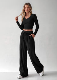 PRETTYGARDEN Women's 2 Piece Lounge Sets Matching Clothing  | V Neck Long Sleeve , Wide Leg Pants Pockets, Airport Travel Outfits, Soft Ribbed Knit, Drawstring Waist, Fall Resort Wear