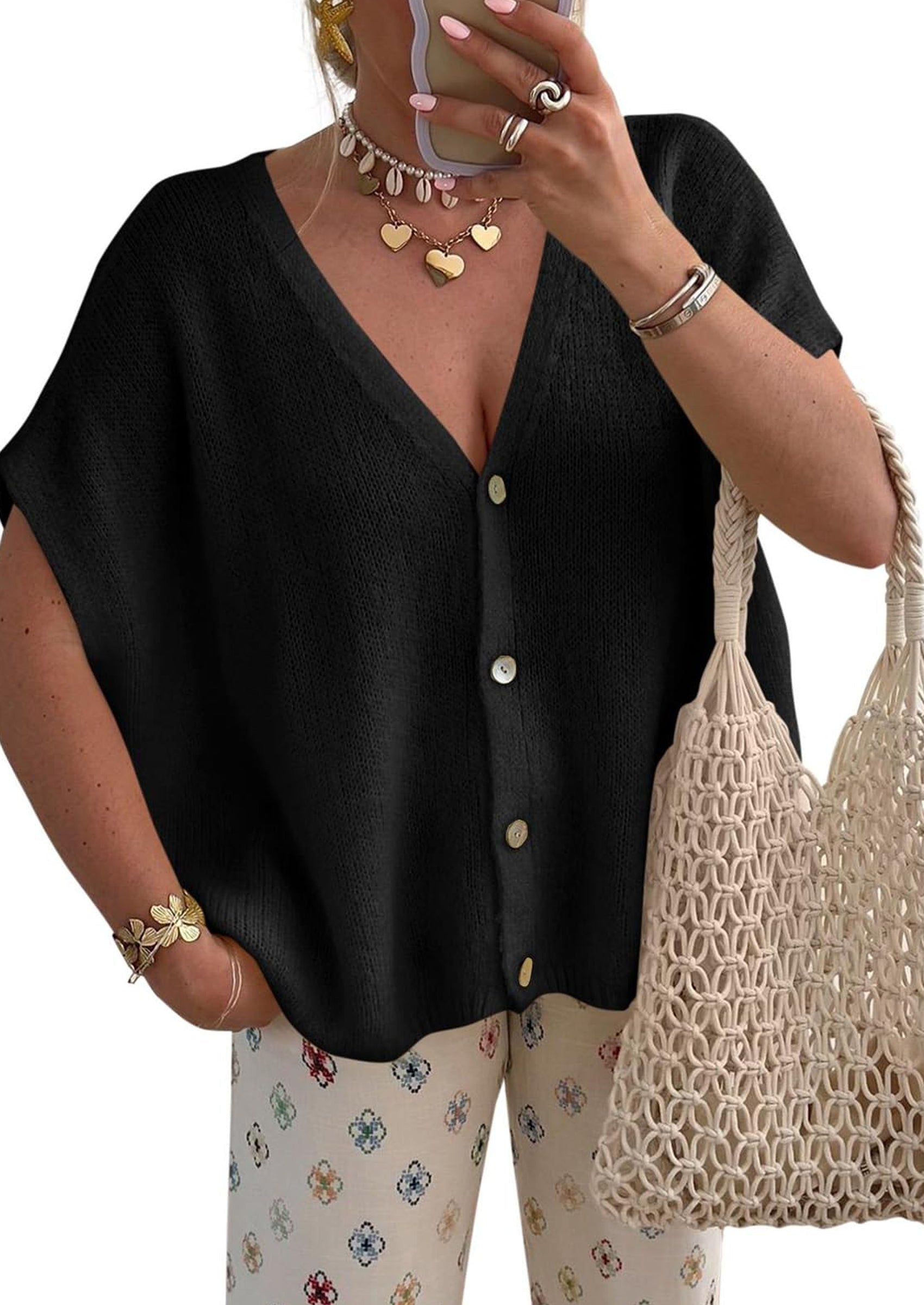 PRETTYGARDEN Batwing Short Sleeve Summer Cardigan Sweaters for Women Lightweight V Neck Button Oversized Sweater Tops PRETTYGARDEN