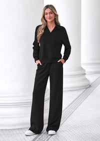 PRETTYGARDEN Womens Sweatsuits 2 Piece Outfits Matching Sets | Wide Leg Sweatpants & Polo V Neck Sweatshirt, Lounge Set, Comfy Airport Travel Outfits, Track suits, Fall Winter Clothes