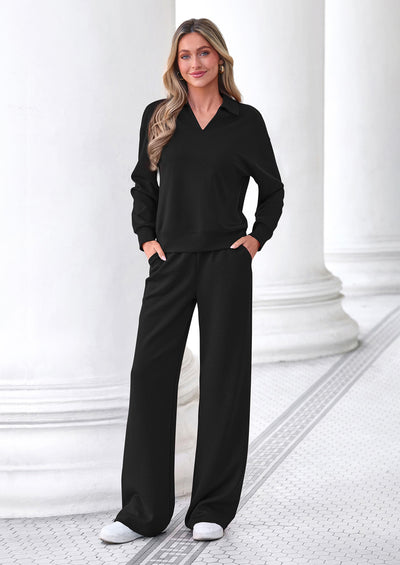 PRETTYGARDEN Womens Sweatsuits 2 Piece Outfits Matching Sets | Wide Leg Sweatpants & Polo V Neck Sweatshirt, Lounge Set, Comfy Airport Travel Outfits, Track suits, Fall Winter Clothes