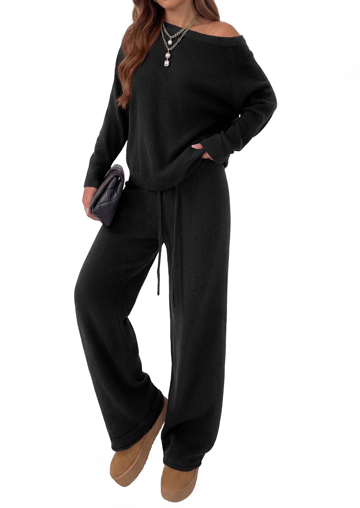 PRETTYGARDEN Lounge Sets Womens Two Piece Outfits  Cozy Boat Neck Long Sleeve , Wide Leg Pants with Drawstring, Casual Fall Fashion 2026 Airport & Travel, Knit Matching Set