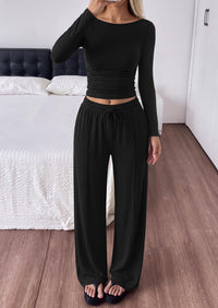 PRETTYGARDEN Women's Matching Lounge Sets 2 Piece Outfits  Boat Neck Long Sleeve , Wide Leg Pants Pockets, Ruched Waist, Travel Airport Resort Wear, Casual Fall Fashion Clothing