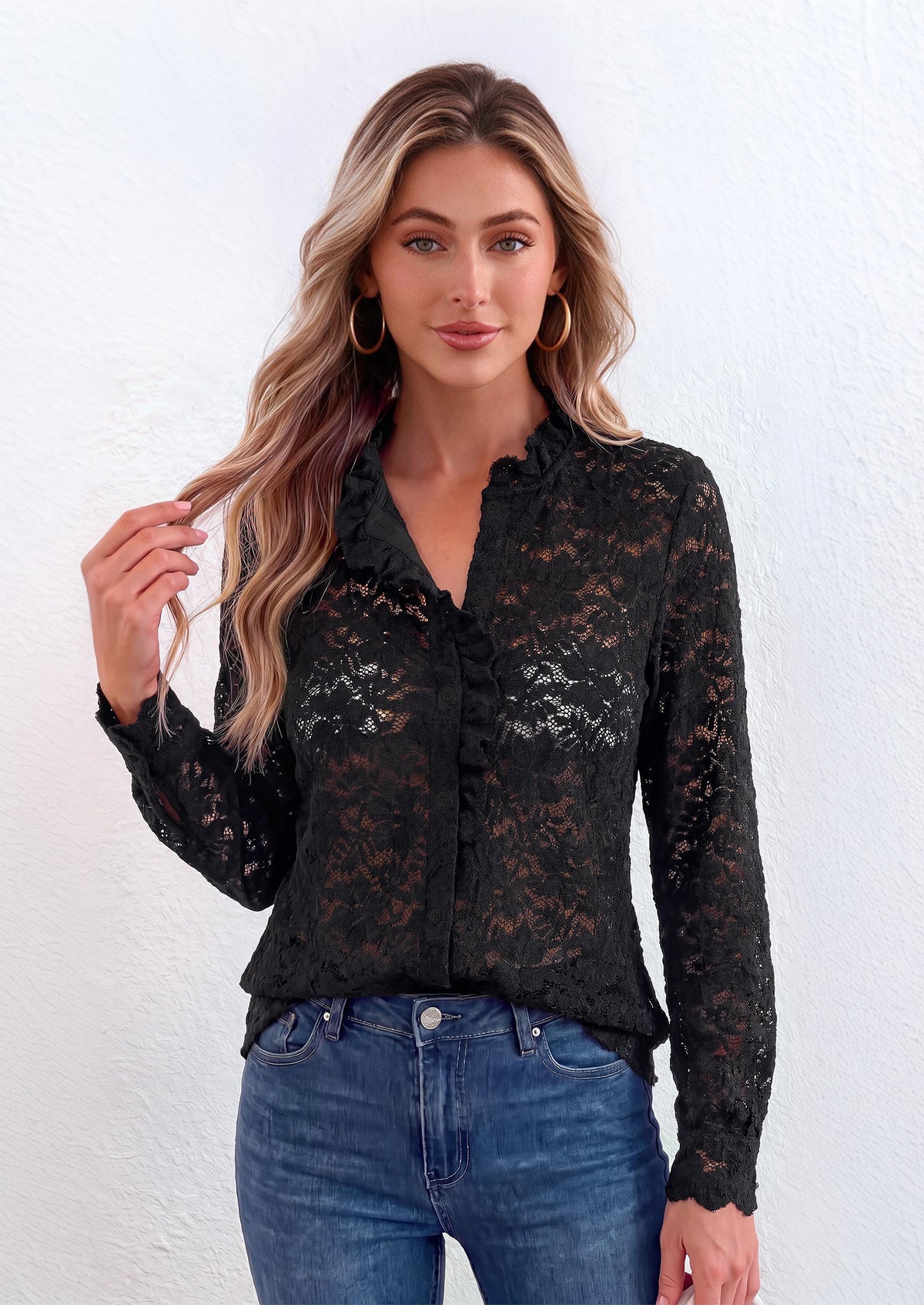 PRETTYGARDEN Women Lace Tops Button Down Long Sleeve Shirts  | Sheer Lace Button Shirts, Elegant Ruffle Collar Blouses, Eyelet Tops Dressy Casual, Date Night Outfit, Fall Fashion Clothing