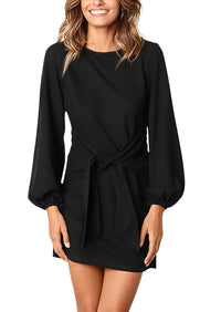 PRETTYGARDEN Womens Fall Elegant Long Lantern Sleeve Short Dress Wedding Guest Crewneck Tie Waist Knit Cocktail Dresses PRETTYGARDEN