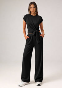 PRETTYGARDEN 2 Piece Matching Lounge Sets For Women Summer Short Sleeve Tie Front Crop Tops Casual Wide Leg Pants Tracksuit PRETTYGARDEN