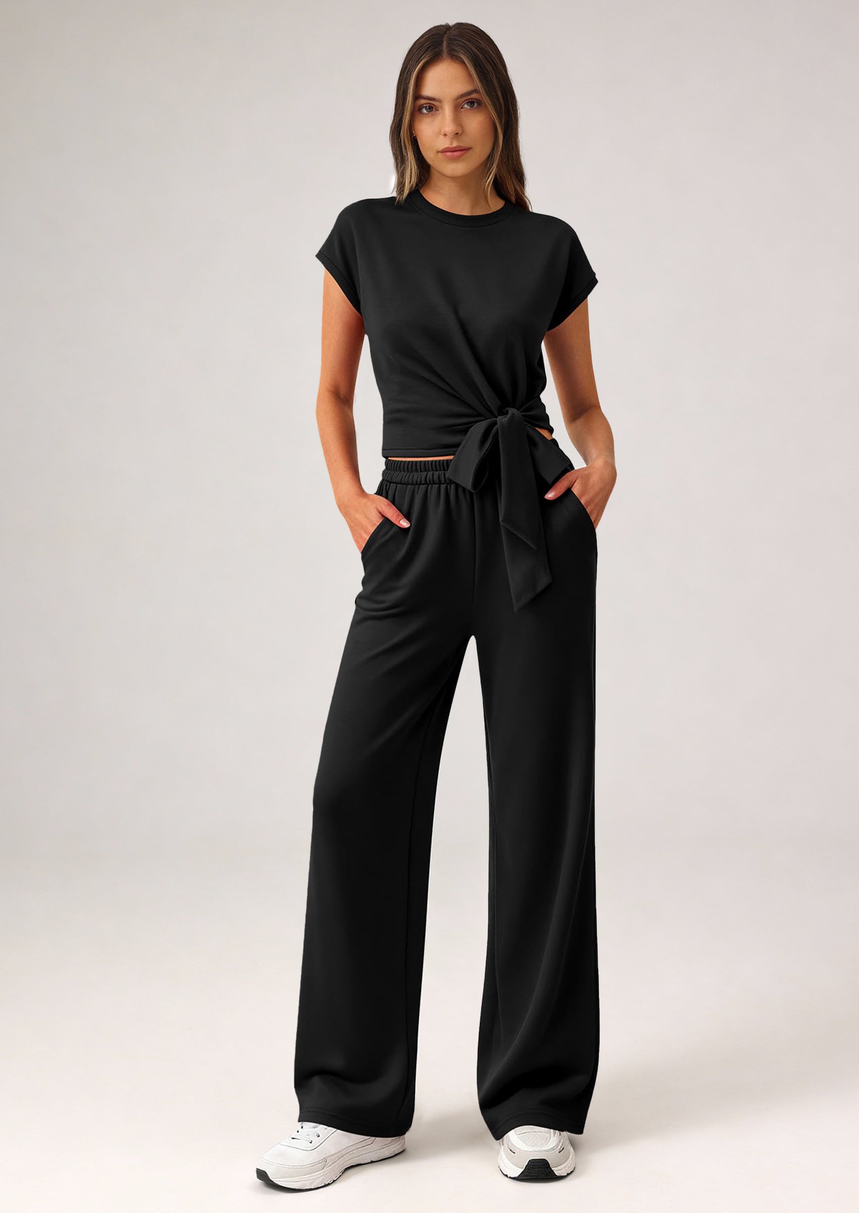 PRETTYGARDEN 2 Piece Matching Lounge Sets For Women Summer Short Sleeve Tie Front Crop Tops Casual Wide Leg Pants Tracksuit PRETTYGARDEN