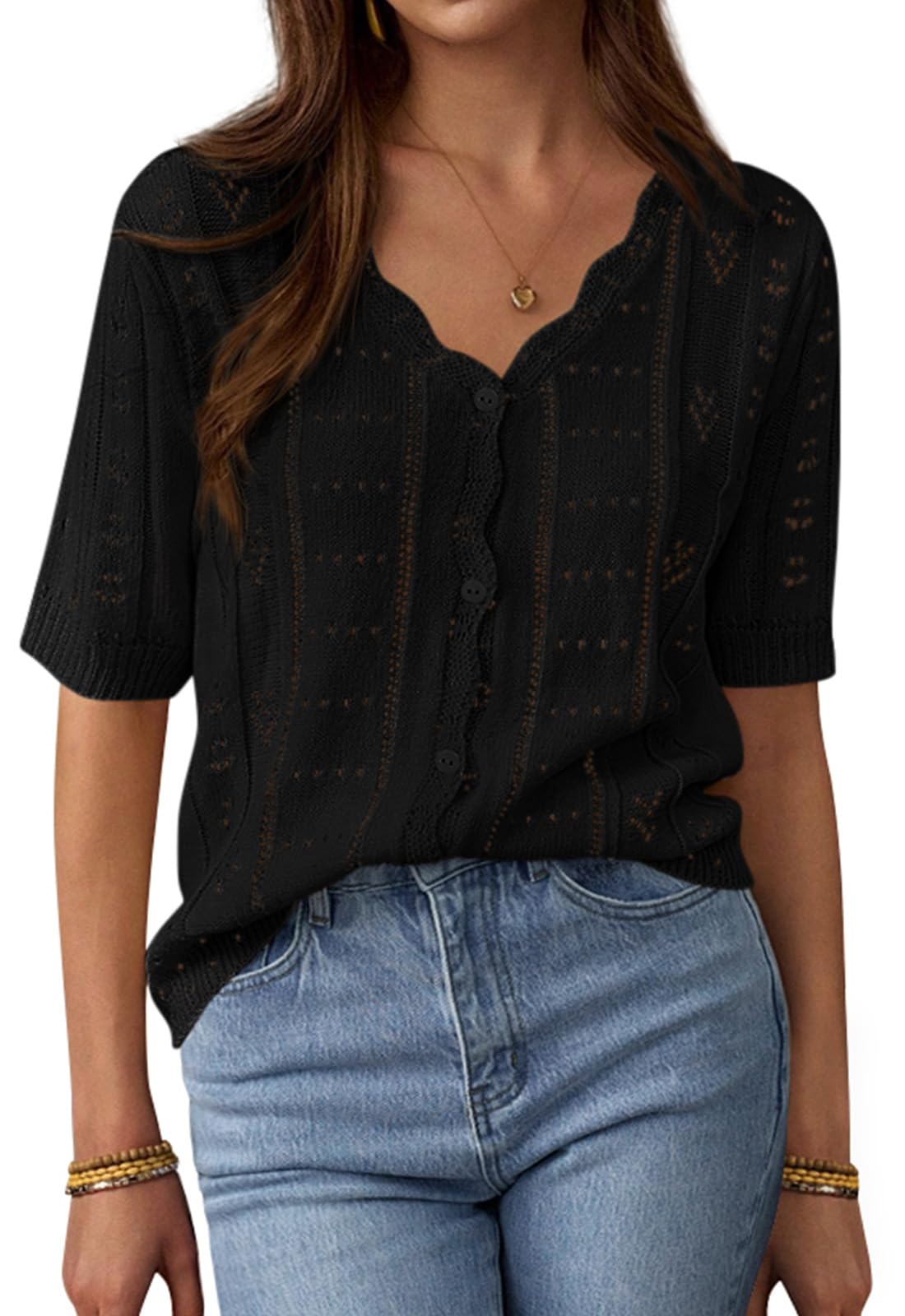 PRETTYGARDEN Womens Short Sleeve Crochet Knit Sweater Spring Fashion Button Down Lightweight Cardigans Summer Tops PRETTYGARDEN