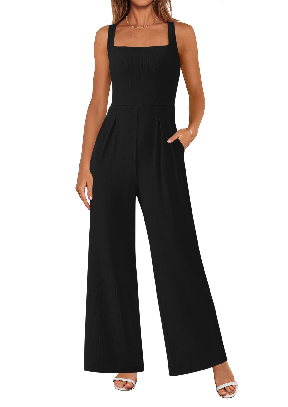 Summer Sleeveless Jumpsuits for Women Dressy Square Neck Wide Leg Pants Knitted One Piece Rompers with Pockets