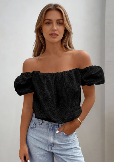PRETTYGARDEN Women's Summer Off The Shoulder Tops Dressy Casual Puff Short Sleeve Embroidered Eyelet Cute Blouse Shirts PRETTYGARDEN