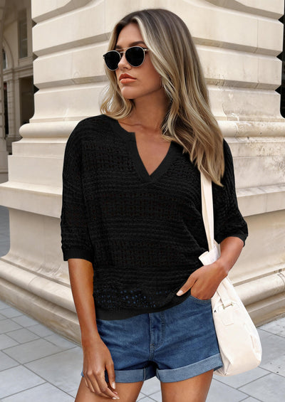 PRETTYGARDEN Womens Crochet Tops Casual Cotton Hollow Out Knit Short Sleeve Oversized Sweater for Women Summer Beach Cover Up PRETTYGARDEN