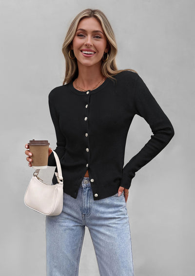 PRETTYGARDEN Fall Fitted Cardigan Sweaters for Women Button Down  | Basic Crewneck Long Sleeve Sweater Tops, Ribbed Trim, Slim Fit, Open Front, Daily Wear, Work, Date, Travel, Fashion Clothing