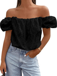 PRETTYGARDEN Women's Summer Off The Shoulder Tops Dressy Casual Puff Short Sleeve Embroidered Eyelet Cute Blouse Shirts PRETTYGARDEN