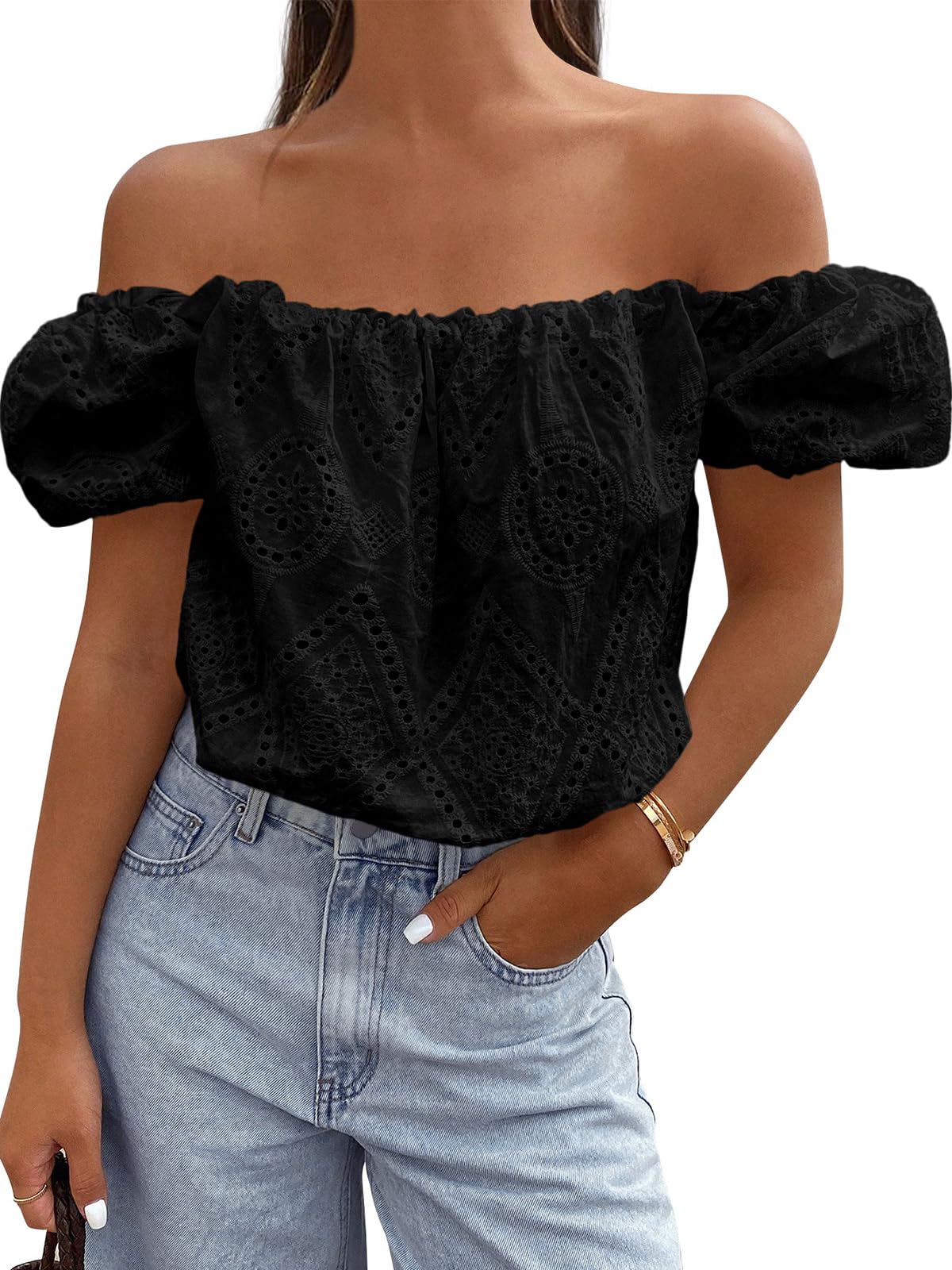 PRETTYGARDEN Women's Summer Off The Shoulder Tops Dressy Casual Puff Short Sleeve Embroidered Eyelet Cute Blouse Shirts PRETTYGARDEN
